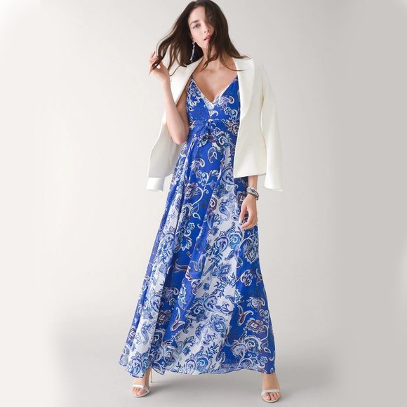 WHBM $200 Mixed Print Chiffon Maxi Dress Paisley Bali Blue 4 - Picture 5 of 10